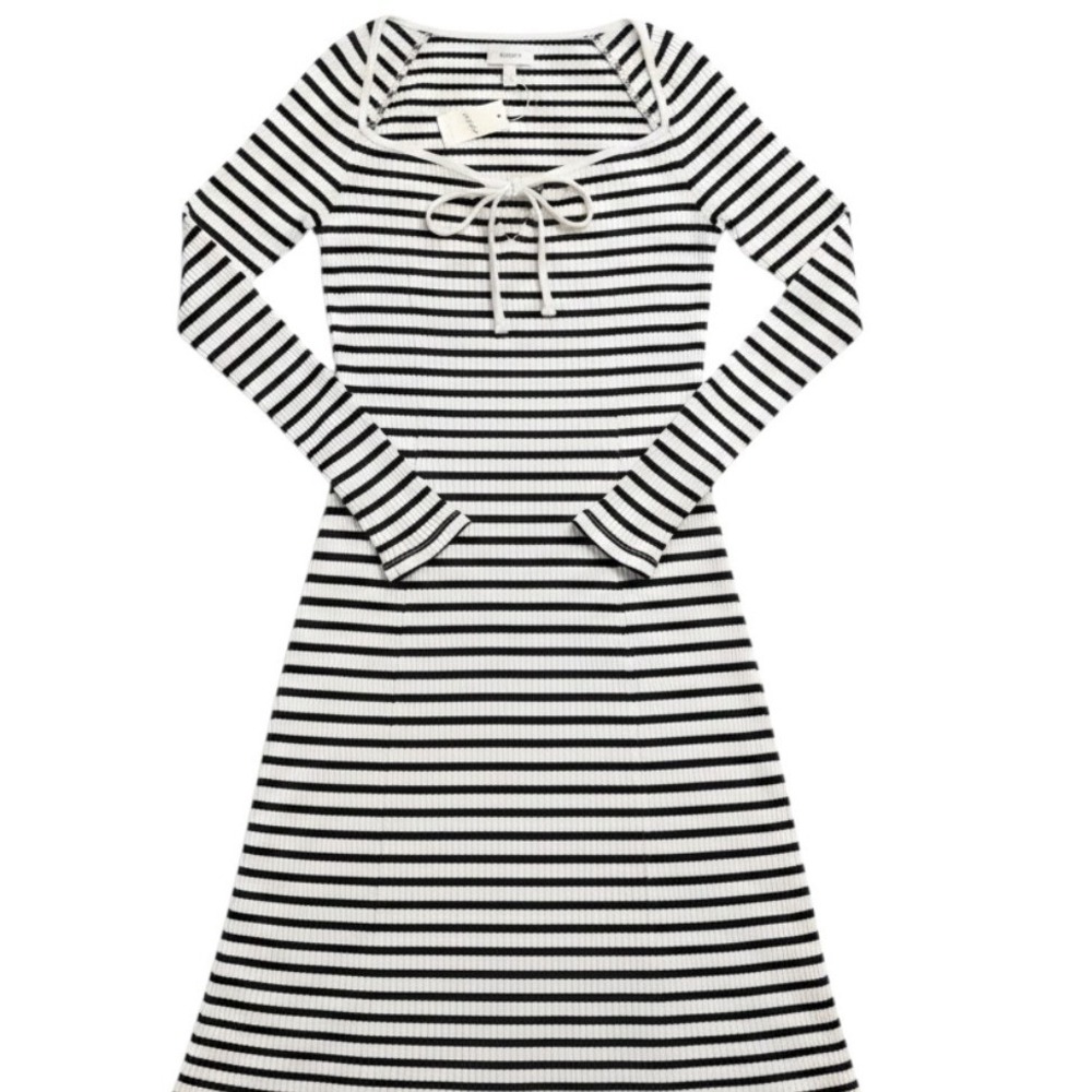 Aerie‎ Womens XS Striped Ribbed Tie-Front Long Sleeve Midi Dress Navy White NWT
